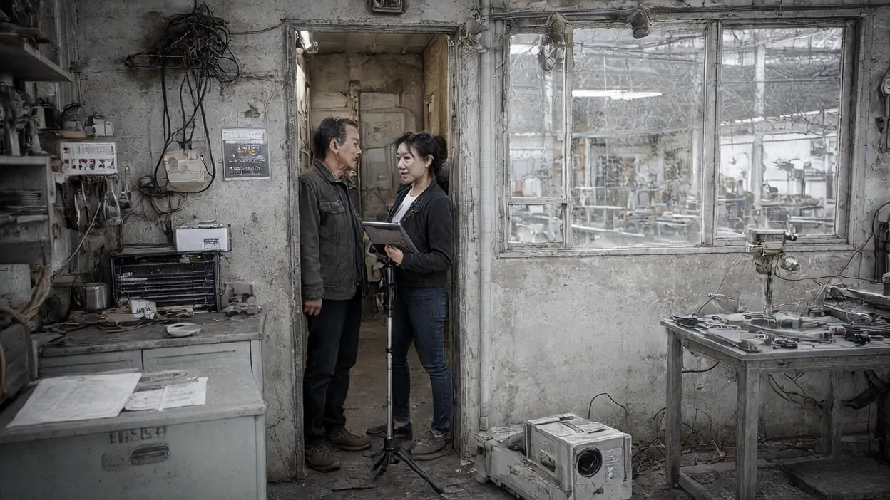 A business owner and an IT consultant talk in the doorway of a nearly empty equipment room in a machine shop.