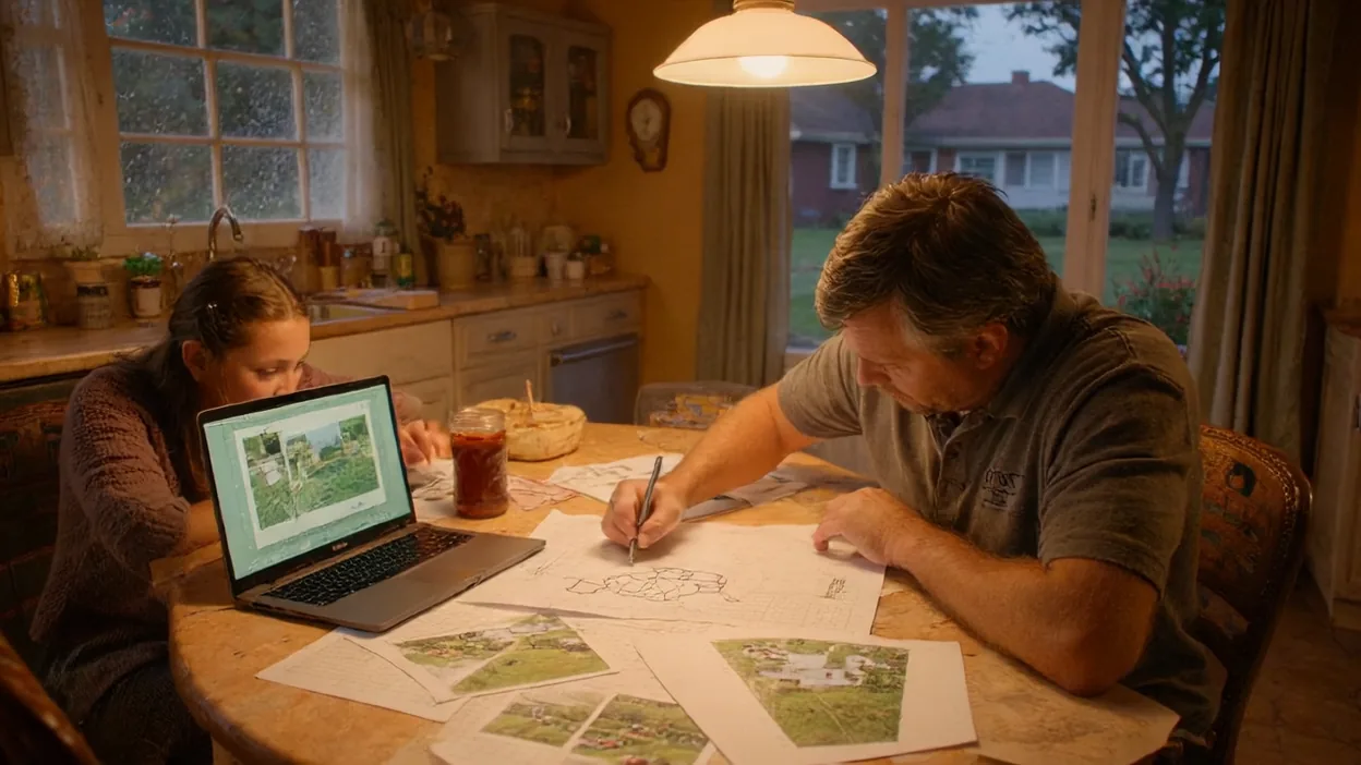 A landscaper sketches page layouts on paper at his kitchen table while his daughter works on a laptop beside him.