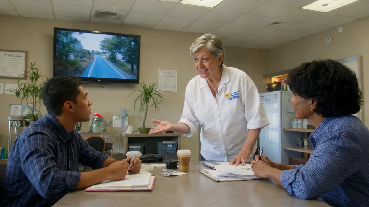 A trainer leads a small security awareness session around a break room table at an insurance agency.