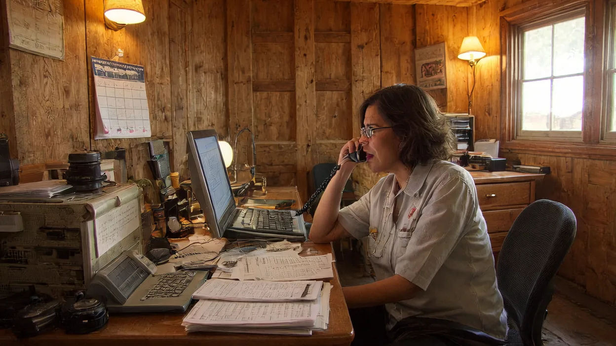 A bookkeeper on the phone at a cluttered desk in a wood-paneled office, an older computer beside her.