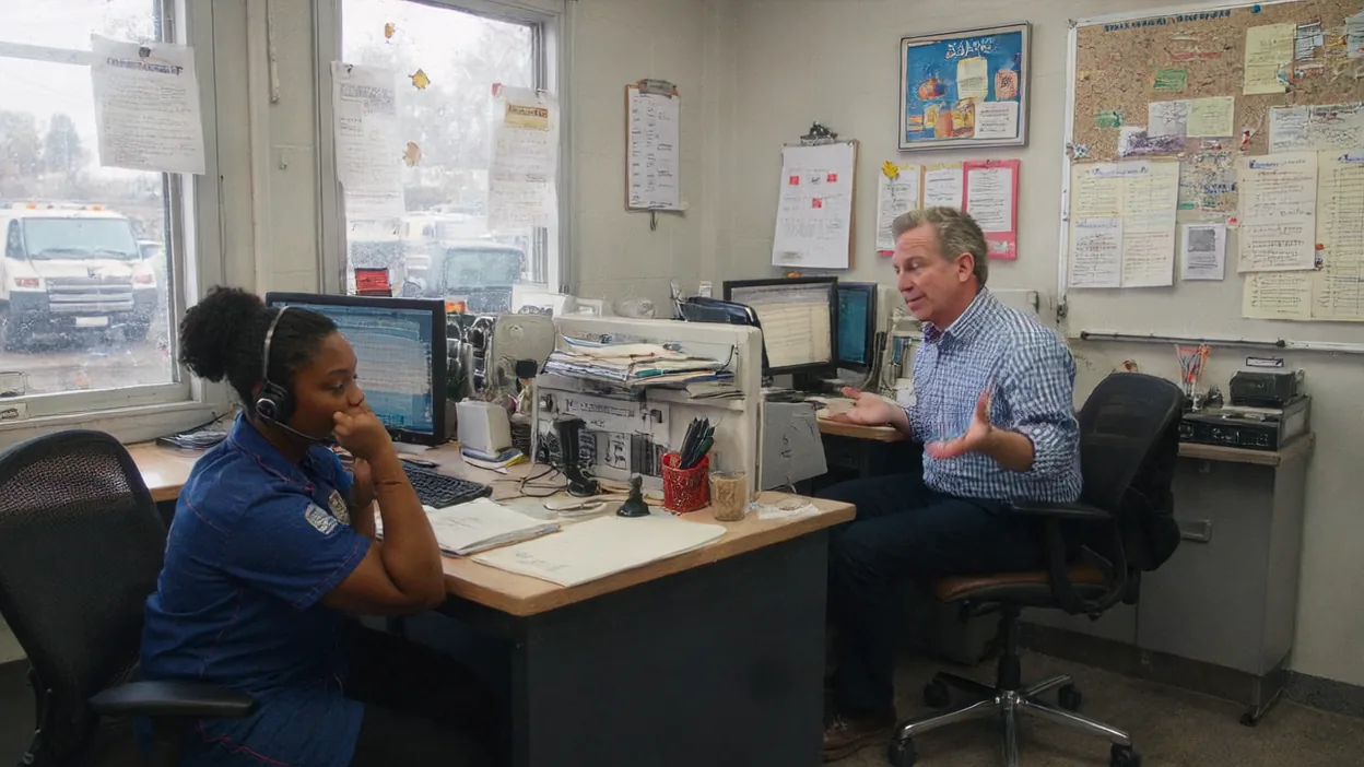 A dispatcher in a headset looks over at a coworker who shrugs at his monitors in a busy dispatch office.