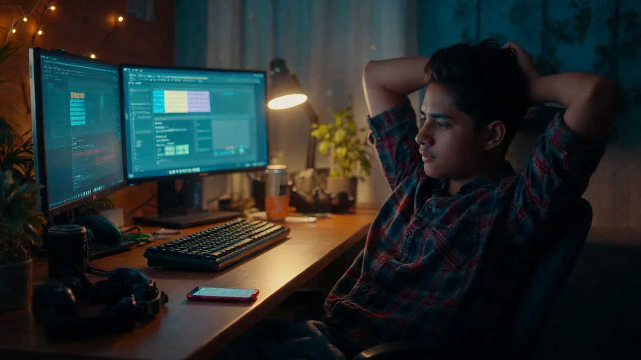 A developer leans back with his hands behind his head in front of two monitors, his phone lit up on the desk.